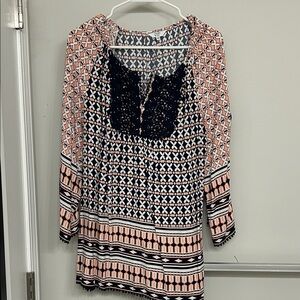 Navy and Peach Geometric Print Tunic with Lace Detail